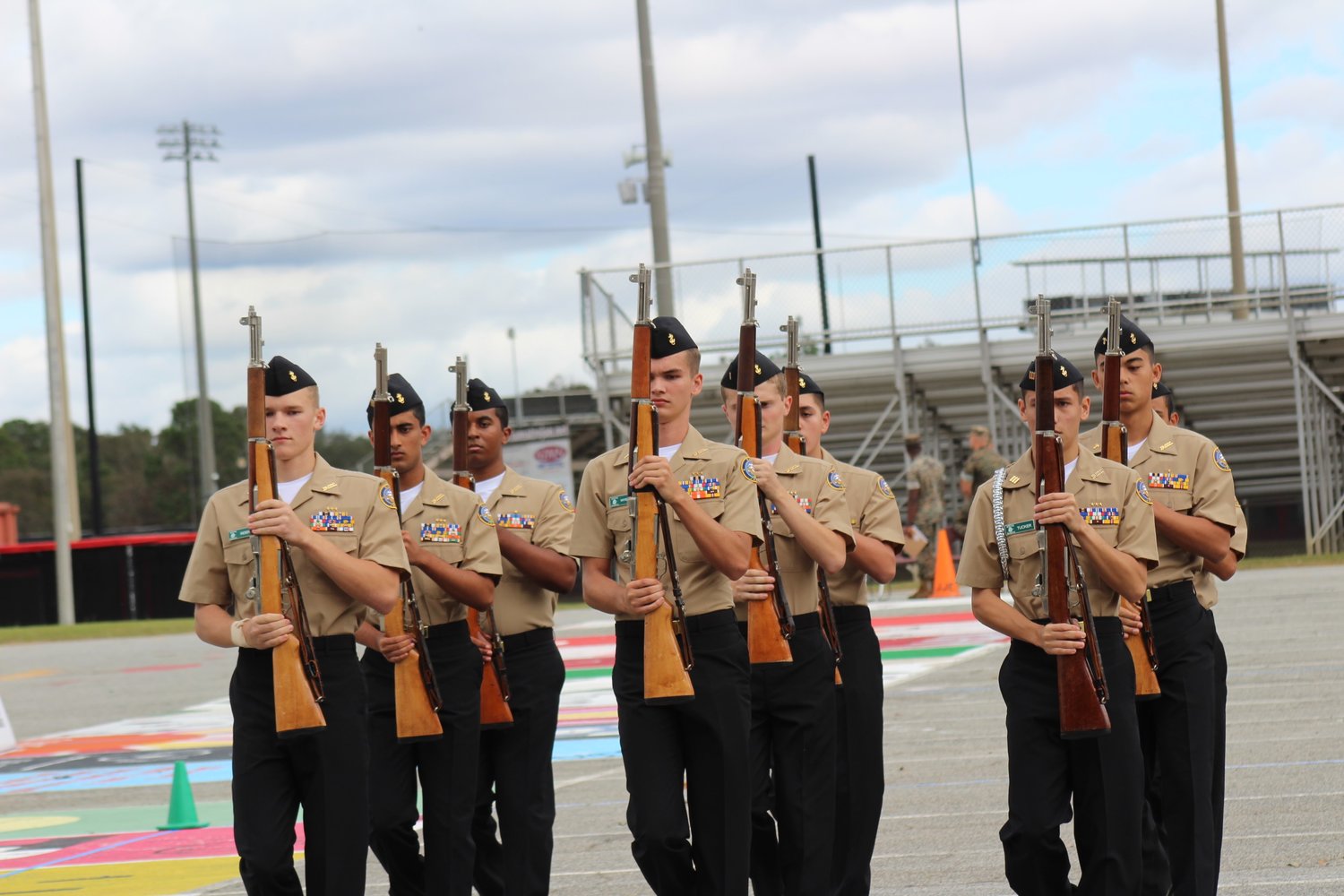The armed exhibition drill team performs during the Sprayberry drill meet on Oct. 23 in Marietta, Georgia.